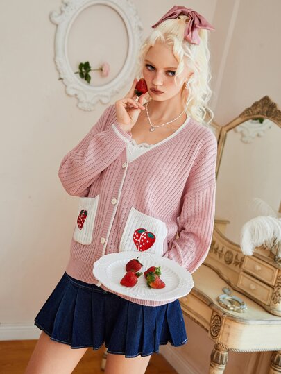 Sweetness Cardigan con ricamo fragola color block con bottone frontale