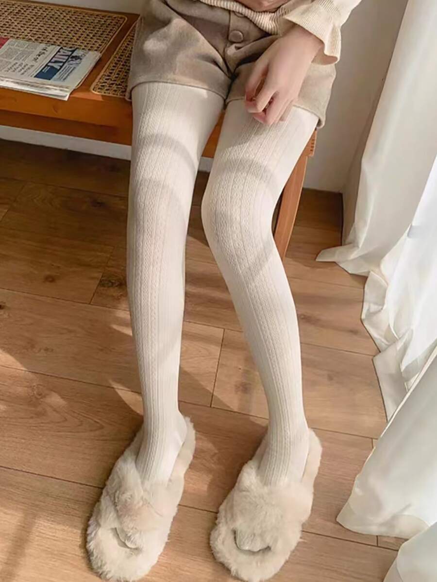 Solid Plush Lined Tights - Beige - View 1