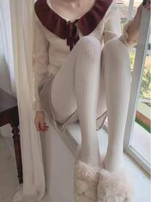 Solid Plush Lined Tights - Beige - View 3