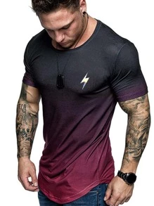 Fitness Boyfriend Style Men Lightning Print Ombre Sports Tee - Multicolor - View 1