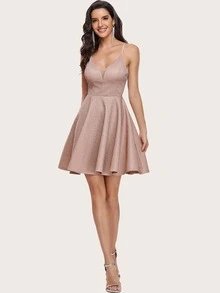 Mesh Insert Glitter Cami Dress Semi Formal Short Party Dress - Baby Pink - View 5