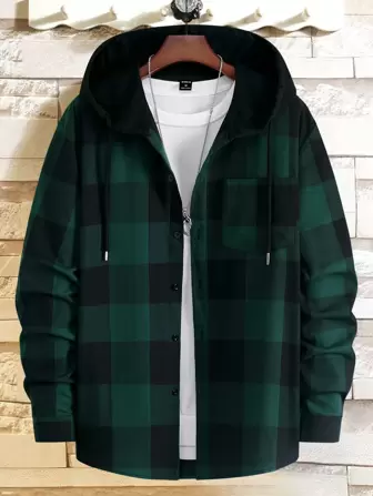 Guys Buffalo Plaid Patched Pocket Drawstring Hooded Shirt Without Tee