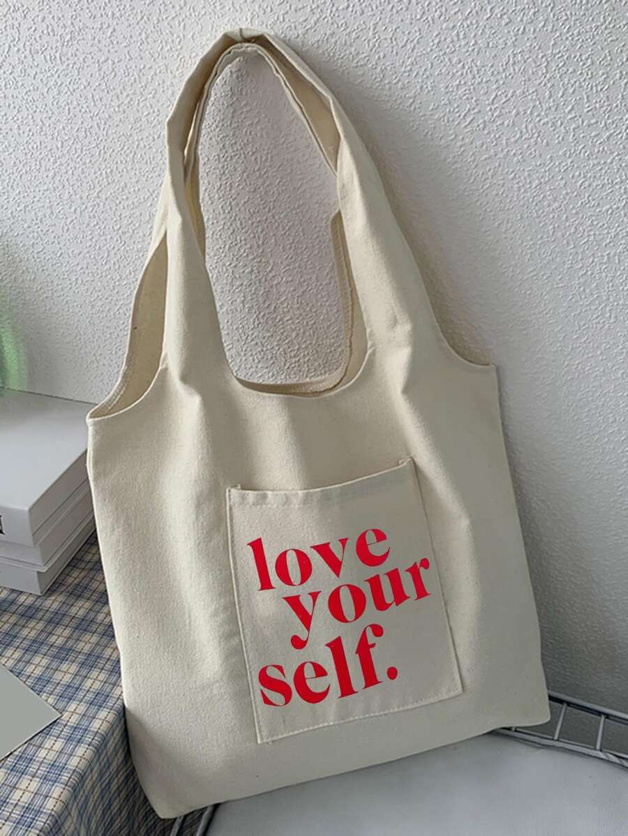 Slogan Graphic Shopper Bag - Beige - View 1