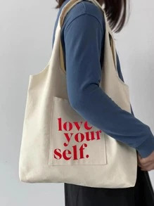 Slogan Graphic Shopper Bag - Beige - View 2