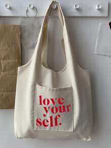 Slogan Graphic Shopper Bag - Beige - View 5