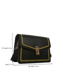 Embroidered Detail Square Bag Metal Decor Crossbody Bag - Black - View 8