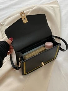 Embroidered Detail Square Bag Metal Decor Crossbody Bag - Black - View 5