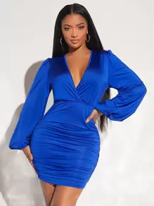 SHEIN SXY Đầm Xù Trọn gói Dây kéo màu trơn Gợi cảm - Xanh đậm - Xem 1