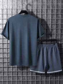 Manfinity Homme Men Letter Graphic Tee & Contrast Tape Drawstring Waist Shorts Without Necklace - Dusty Blue - View 2