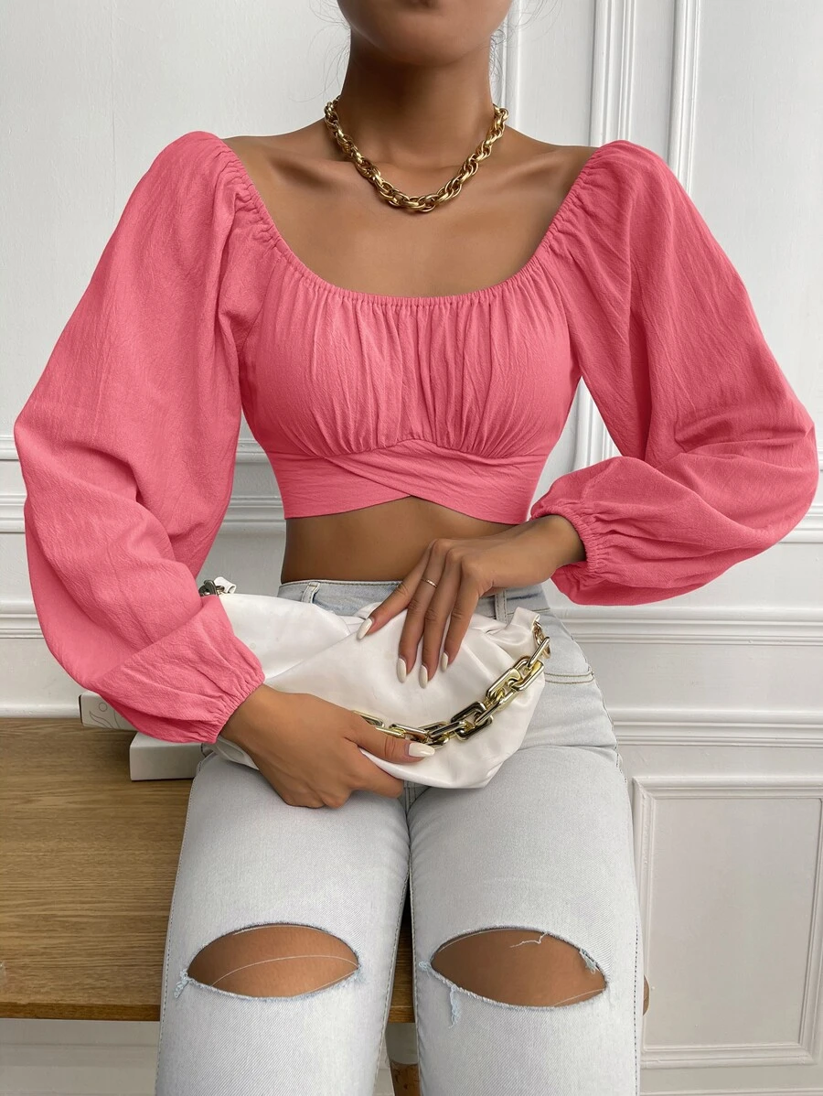 SHEIN Privé Áo sơ mi nữ Buộc lại Trọn gói Nếp gấp Phần Ngực màu trơn Giải trí - Hồng - Xem 1