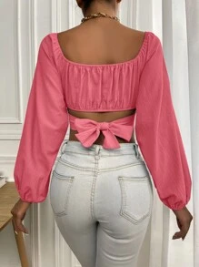 SHEIN Privé Áo sơ mi nữ Buộc lại Trọn gói Nếp gấp Phần Ngực màu trơn Giải trí - Hồng - Xem 2