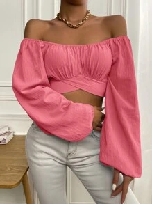 SHEIN Privé Áo sơ mi nữ Buộc lại Trọn gói Nếp gấp Phần Ngực màu trơn Giải trí - Hồng - Xem 5