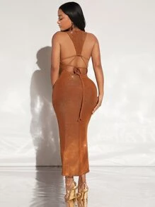 SHEIN SXY Đầm Lộ Lưng Buộc lại màu trơn Hấp dẫn - màu nâu - Xem 1