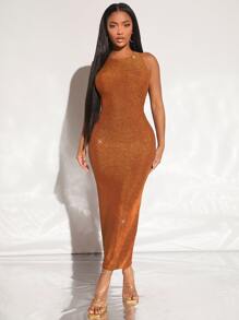 SHEIN SXY Đầm Lộ Lưng Buộc lại màu trơn Hấp dẫn - màu nâu - Xem 3