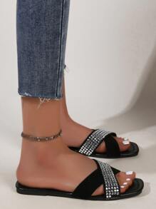 Phụ nữ Rhinestone Decor Criss Qua Qua Quai Trượt Sandals, Thời Trang Mùa Hè Ngoài Trời Thủy Tinh Flat Sandals - màu đen - Xem 3