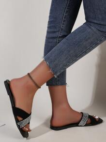 Phụ nữ Rhinestone Decor Criss Qua Qua Quai Trượt Sandals, Thời Trang Mùa Hè Ngoài Trời Thủy Tinh Flat Sandals - màu đen - Xem 4