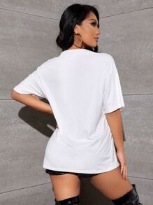 SHEIN SXY Áo thun nữ Con số Lá thư Giải trí - trắng - Xem 2
