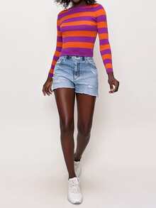 條紋圖案圓領短款毛衣 - 彩色 - 查看 6
