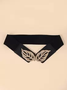 波西米亚风时尚对称叶扣弹性腰带，适合外套和连衣裙，万圣节夏季、学校秋季、秋季、万圣节 - 黑色 - 查看 2