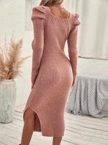 SHEIN Clasi 大圓領泡泡袖下擺開叉毛衣裙 - 藕粉色 - 查看 2