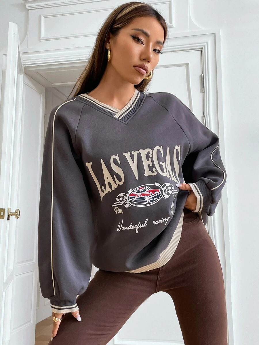 SHEIN Unity Áo chui đầu In chữ và ô tô Contrast Piping Sọc trang trí Tay Raglan - Màu xám đen - Xem 1