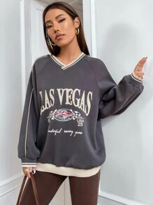 SHEIN Unity Áo chui đầu In chữ và ô tô Contrast Piping Sọc trang trí Tay Raglan - Màu xám đen - Xem 3