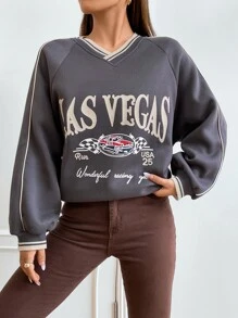 SHEIN Unity Áo chui đầu In chữ và ô tô Contrast Piping Sọc trang trí Tay Raglan - Màu xám đen - Xem 4