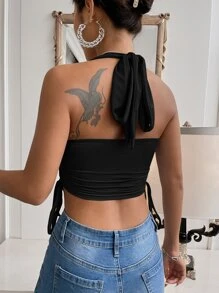 SHEIN Privé 後背繫帶側抽繩繞頸短上衣 - 黑色 - 查看 2