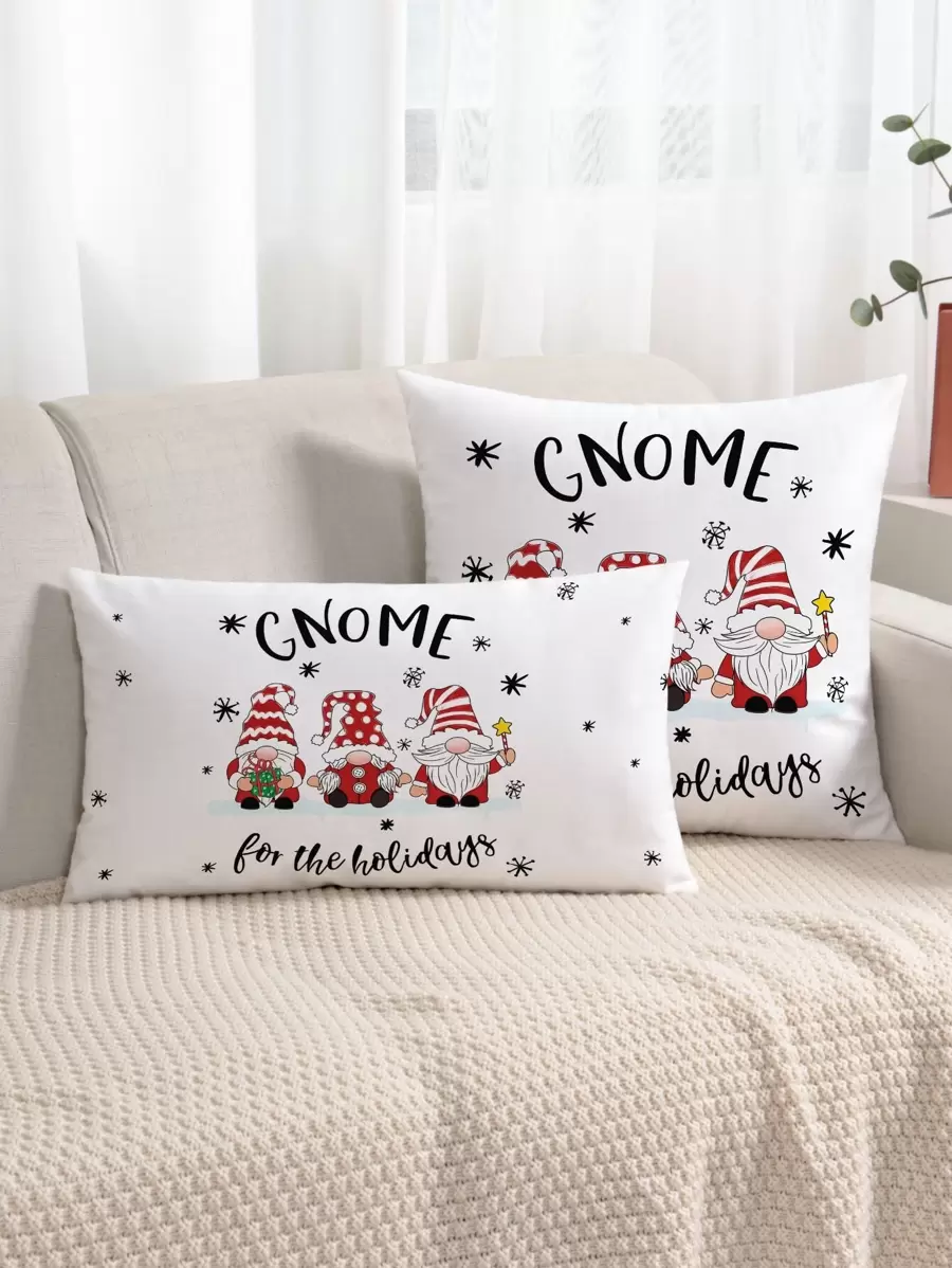 1入聖誕侏儒和標語圖案坐墊套,不含填充物 - 白色 - 查看 1