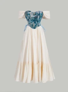 SHEIN MOD Đầm Ren lên Dây kéo Thùa khuyết Hoa Thanh lịch - Màu be - Xem 2