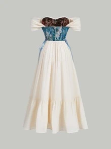 SHEIN MOD Đầm Ren lên Dây kéo Thùa khuyết Hoa Thanh lịch - Màu be - Xem 5