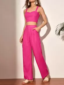 SHEIN Privé Đan chéo phía sau Cắt chóp Cami & Chi tiết nếp Quần Trang phục làm việc - Màu Hồng Tươi - Xem 1