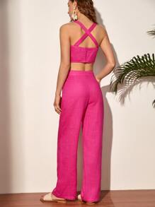 SHEIN Privé Đan chéo phía sau Cắt chóp Cami & Chi tiết nếp Quần Trang phục làm việc - Màu Hồng Tươi - Xem 2