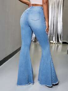 Raw Hem Flare Leg Jeans - Light Wash - View 2