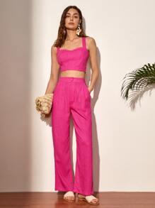 SHEIN Privé Đan chéo phía sau Cắt chóp Cami & Chi tiết nếp Quần Trang phục làm việc - Màu Hồng Tươi - Xem 6