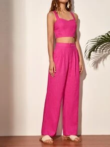 SHEIN Privé Đan chéo phía sau Cắt chóp Cami & Chi tiết nếp Quần Trang phục làm việc - Màu Hồng Tươi - Xem 5