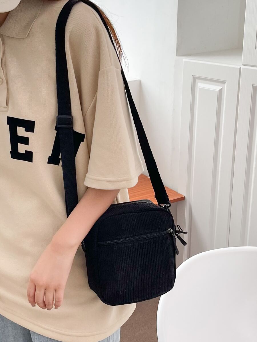 Túi đeo chéo Mini Zip Front Corduroy nhẹ, thời trang cho nhân viên văn phòng, đại học, công sở, kinh doanh, đi làm, văn phòng, kỷ niệm, cặp đôi, làm quà tặng sinh nhật, quà tặng ngày lễ tình nhân, quà tặng - màu đen - Xem 1