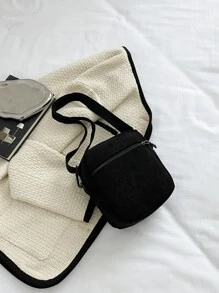 Túi đeo chéo Mini Zip Front Corduroy nhẹ, thời trang cho nhân viên văn phòng, đại học, công sở, kinh doanh, đi làm, văn phòng, kỷ niệm, cặp đôi, làm quà tặng sinh nhật, quà tặng ngày lễ tình nhân, quà tặng - màu đen - Xem 2