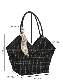 蝴蝶結裝飾,輕巧、便攜、休閒、時尚格子條紋印花絲巾裝飾斜紋斜紋肩托包適用於女孩、女性、大學生、菜鳥和白領工作者的秋冬必備品,適用於辦公室、通勤、秋冬戶外活動 - 黑色 - 查看 5
