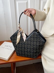 蝴蝶結裝飾,輕巧、便攜、休閒、時尚格子條紋印花絲巾裝飾斜紋斜紋肩托包適用於女孩、女性、大學生、菜鳥和白領工作者的秋冬必備品,適用於辦公室、通勤、秋冬戶外活動 - 黑色 - 查看 7