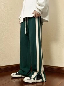 Men Side Striped Split Hem Pants - Green - View 5