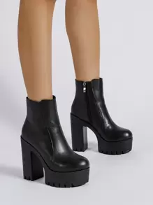 側拉鏈防水台粗跟馬丁靴,女士黑色素色時髦靴子 - 黑色 - 查看 4