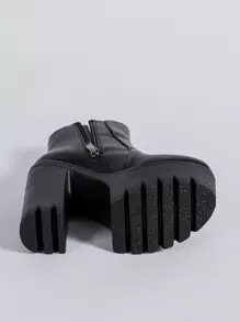 側拉鏈防水台粗跟馬丁靴,女士黑色素色時髦靴子 - 黑色 - 查看 5