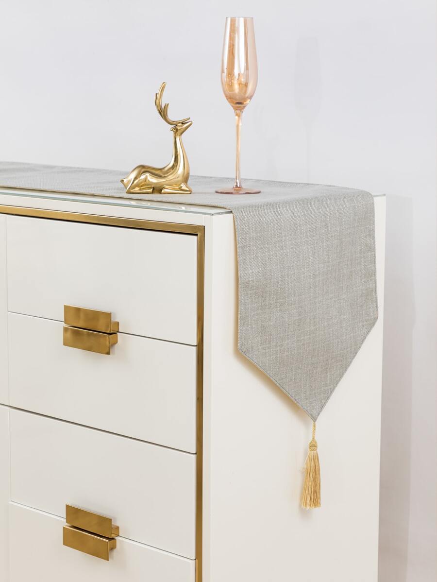 1pc Plain Tassel Decor Table Runner - Màu Xám nhạt - Xem 1