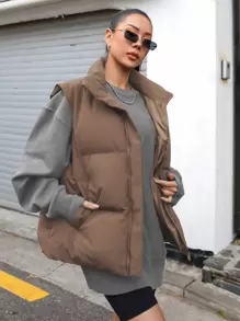 DAZY Zip Up Puffer Vest Thick Pockets Coat, Winter Women Clothes, Padded Coat Women