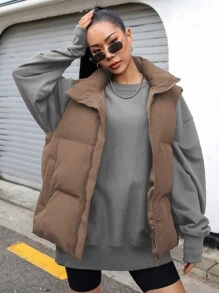 DAZY Zip Up Puffer Vest Thick Pockets Coat, Winter Women Clothes, Padded Coat Women