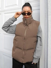 DAZY Zip Up Puffer Vest Thick Pockets Coat, Winter Women Clothes, Padded Coat Women