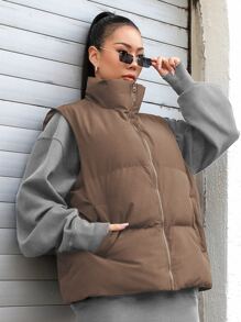 DAZY Zip Up Puffer Vest Thick Pockets Coat, Winter Women Clothes, Padded Coat Women