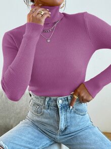Mulvari 高领罗纹针织毛衣（不含项链），长袖套头针织衫，秋冬款 - 紫丁香色 - 查看 4