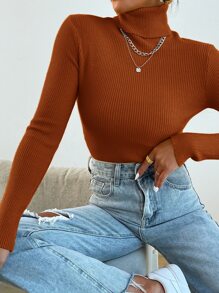 Aidyla Turtleneck Ribbed Knit Jumper Without Necklace - Burnt Orange - View 4
